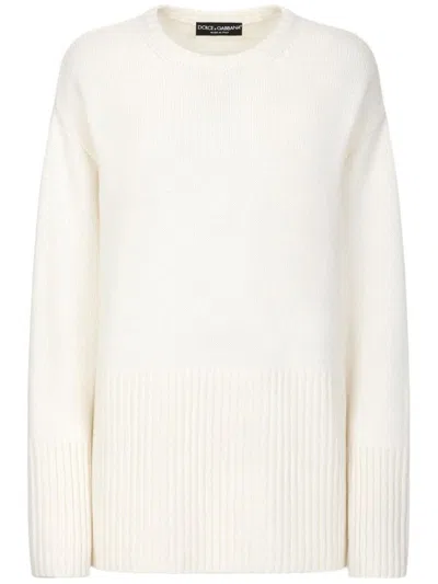 Dolce & Gabbana Cashmere Sweater With Dg Logo Embroidery In Bianco Naturale