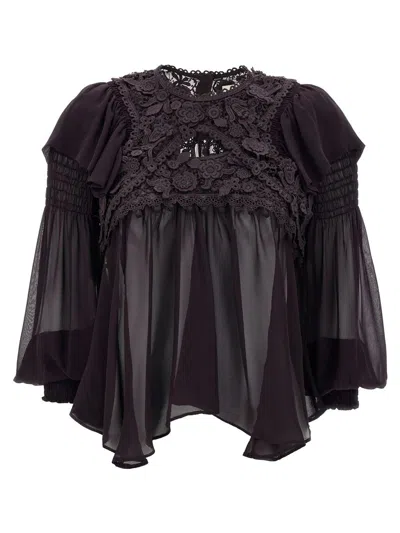 Isabel Marant 'puff Sleeves' Sheer Lace Top With Floral Embroidery In Black
