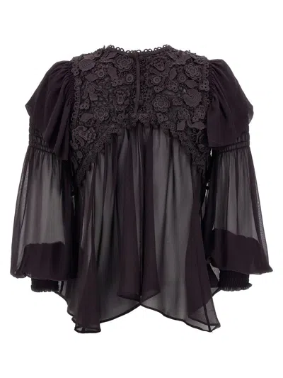 Isabel Marant 'puff Sleeves' Sheer Lace Top With Floral Embroidery In Black