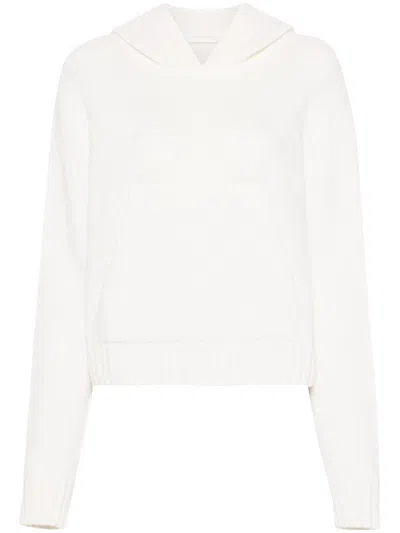 Palm Angels Curved Logo Knitted Hoodie In White Light Beige