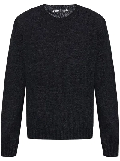 Palm Angels Men Curved Logo Sweater Knit Round Neck In Dark Grey Off White