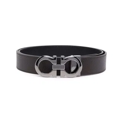 Ferragamo Hammered Leather Reversible Gancini Belt In Brown