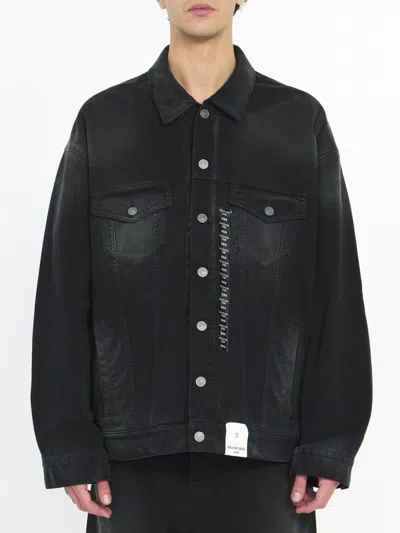 Shop Balenciaga Men Size Sticker Denim Jacket In Black