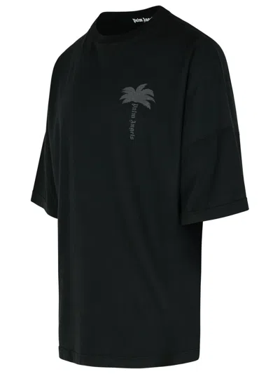 Palm Angels Blue Cotton T-shirt With Palm Print And Logo