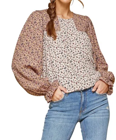 Andree By Unit Two-tone Floral Blouse In Taupe/mocha In Multi