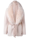 DROME lamb fur-collar belted coat,SPECIALISTCLEANING
