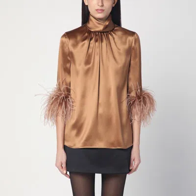 Dolce & Gabbana Double Satin Turtle-neck Top With Feathered Detailing In Beige