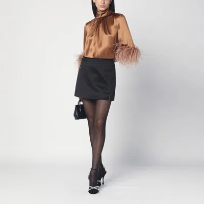 Dolce & Gabbana Double Satin Turtle-neck Top With Feathered Detailing In Beige