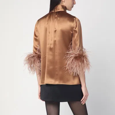 Dolce & Gabbana Double Satin Turtle-neck Top With Feathered Detailing In Beige