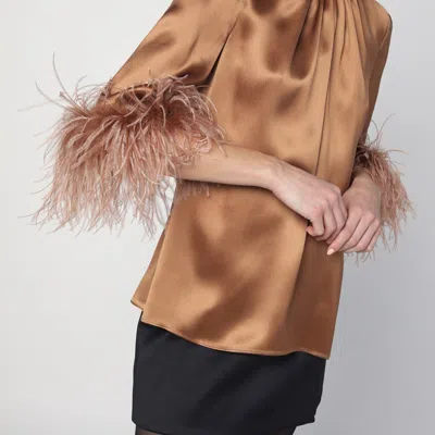 Dolce & Gabbana Double Satin Turtle-neck Top With Feathered Detailing In Beige