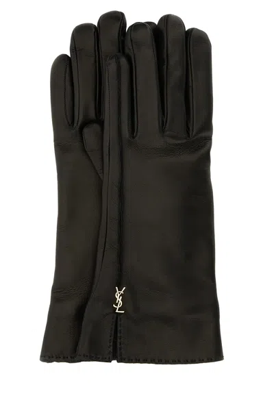 Saint Laurent Women Black Leather Cassandre Gloves