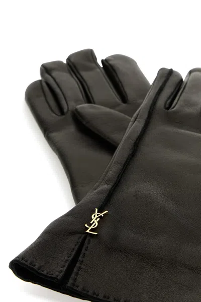 Saint Laurent Women Black Leather Cassandre Gloves
