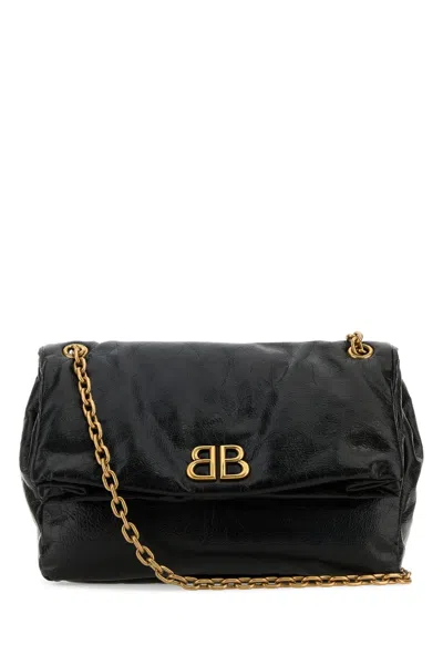 Balenciaga Monaco Crinkled-leather Shoulder Bag In Black