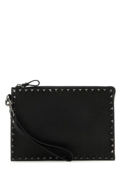 Valentino Rectangular Leather Rockstud Clutch With Wrist Strap