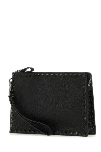 Valentino Rectangular Leather Rockstud Clutch With Wrist Strap