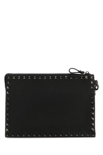 Valentino Rectangular Leather Rockstud Clutch With Wrist Strap