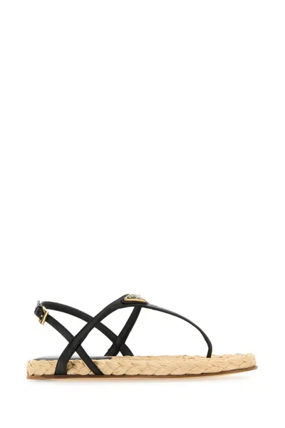 Prada Triangle Logo Raffia And Leather Flat Sandals
