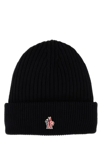 Moncler Grenoble Black Ribbed Beanie With Logo Patch In Wool Man In Black