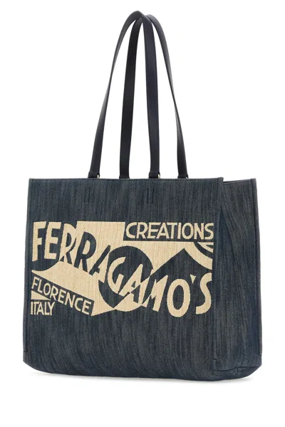 Ferragamo Blue Denim Large Tt Sign Shopping Bag