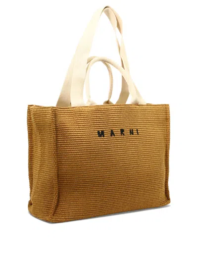Marni Raffia-effect Canvas Small Tote Bag In Brown
