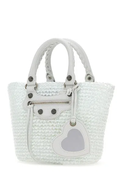 Balenciaga White Raffia Small Le Cagole Panier Handbag In White