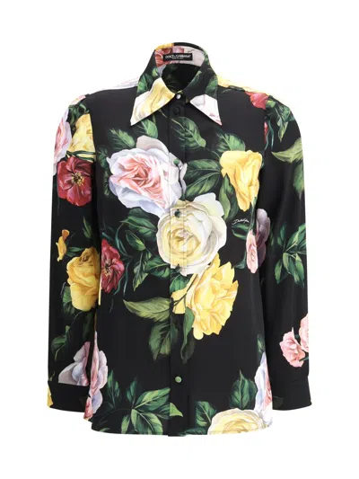 Dolce & Gabbana Multicolor Shirt With Oversize Pointed Collar And All-over Floral Motif In Silk Stretch Woman In Multicolour