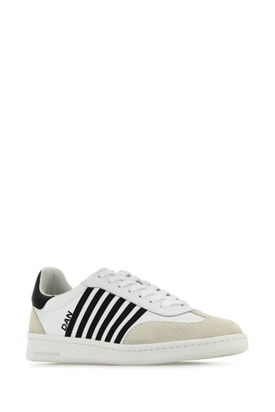 Dsquared2 White And Black Low Top Sneakers With Contrasting Bands In Leather Man In Multicolor