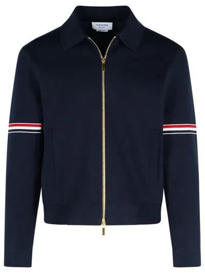 Thom Browne Zip-up Hoodie With Drawstring And Contrast Stripes In Navy