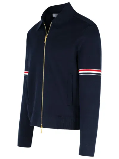 Thom Browne Zip-up Hoodie With Drawstring And Contrast Stripes In Navy