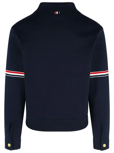 Thom Browne Zip-up Hoodie With Drawstring And Contrast Stripes In Navy