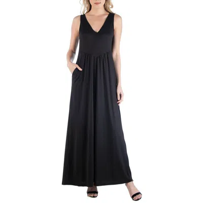 24seven Comfort Apparel V Neck Sleeveless Maternity Maxi Dress With Belt In Black