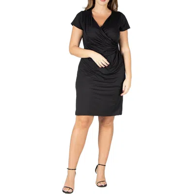 24seven Comfort Apparel Plus Size Short Sleeve V-neck Faux Wrap Dress In Black