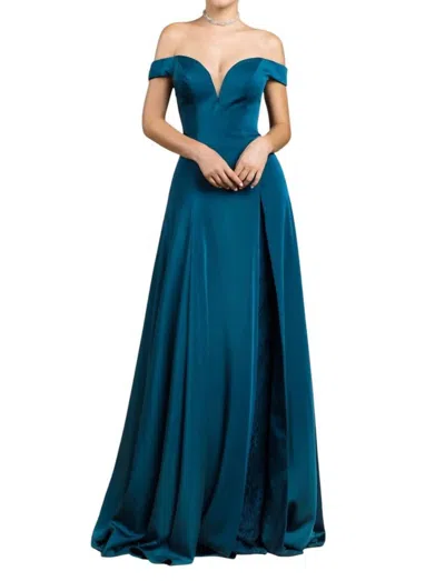 Andrea & Leo Couture Dual Lace/crepe Gown In Teal In Blue
