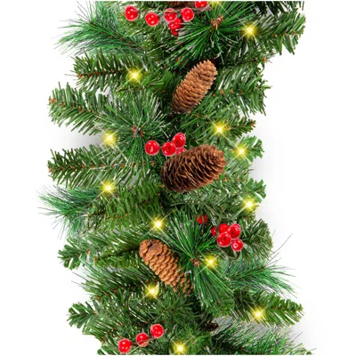 Best Choice Products 9ft Pre-lit Pre-decorated Garland W/ Pvc Branch Tips, 50 Lights, Pine Cones, Berries