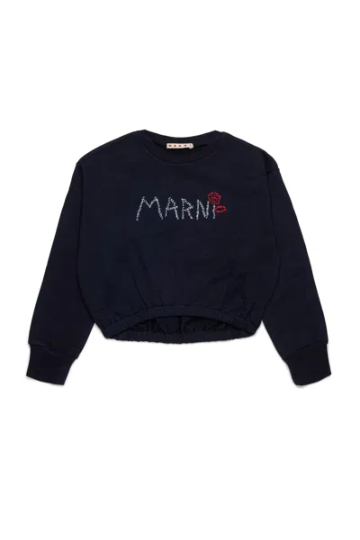 Marni Felpa Cropped Girocollo Con Logo  Flower In Blue
