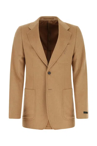 Prada Structured Camel Blazer With Flap Pockets