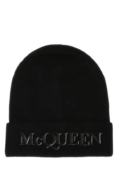 Alexander Mcqueen Black Wool And Cashmere Hat With Logo