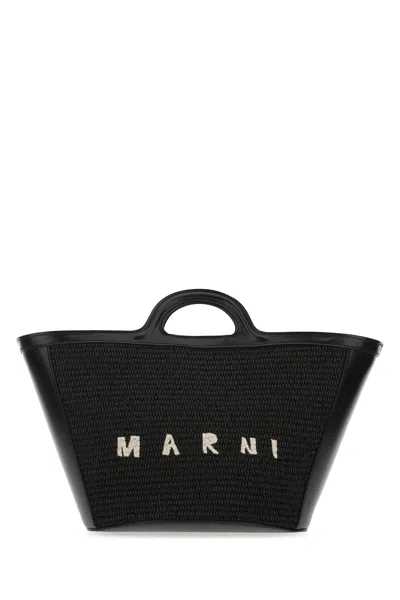 Marni Women Black Leather And Raffia Small Tropicalia Summer Handbag