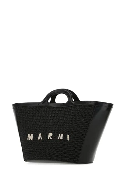 Marni Women Black Leather And Raffia Small Tropicalia Summer Handbag