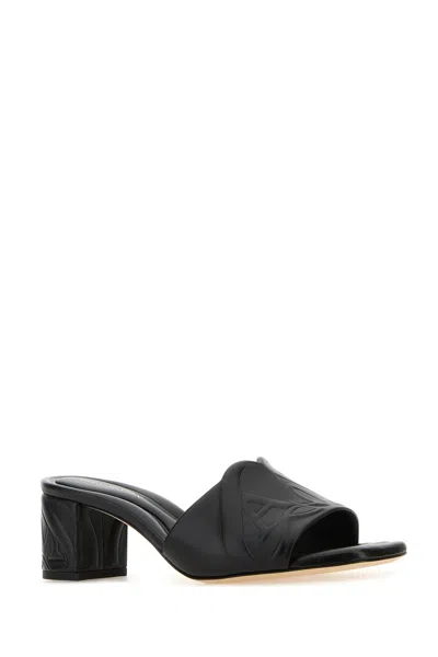 Alexander Mcqueen Black Slip-on Sandals With Embossed Logo In Padded Leather Woman