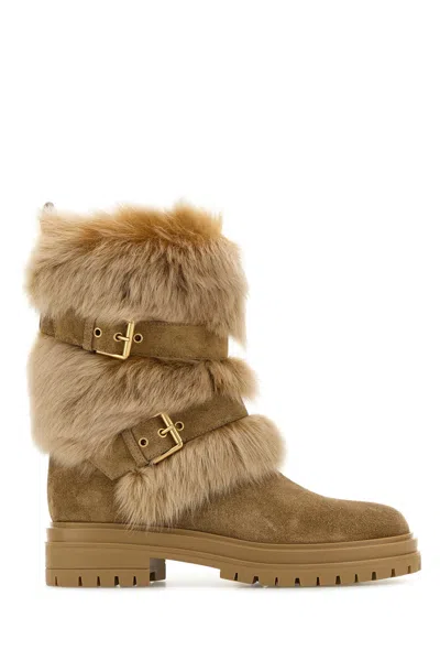 Shop Gianvito Rossi Camel Suede And Fur Maverick Ankle Boots