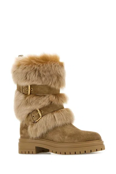 Shop Gianvito Rossi Camel Suede And Fur Maverick Ankle Boots