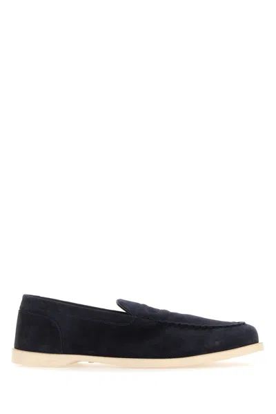 John Lobb Navy Blue Suede Pace Loafers
