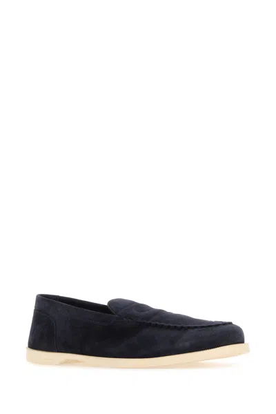 John Lobb Navy Blue Suede Pace Loafers