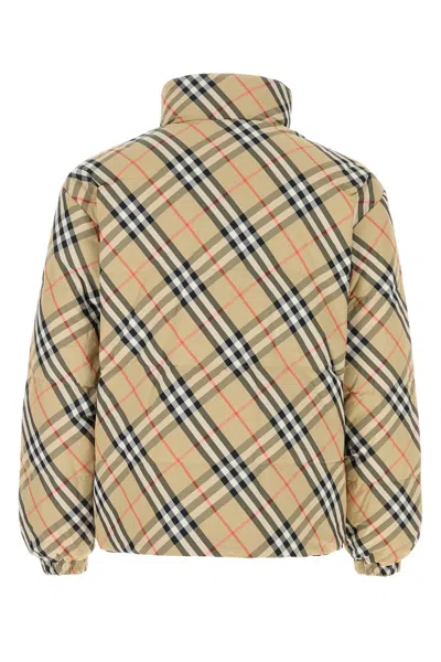 Burberry Beige Reversible Down Jacket With Hood And All-over Check Motif In Tech Fabric Man