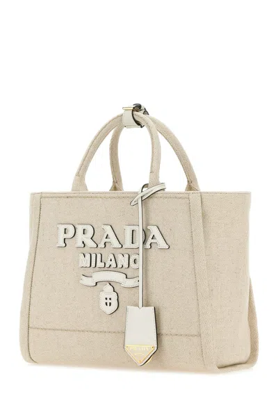 Prada Canvas Shopping Bag With Leather Logo Patch