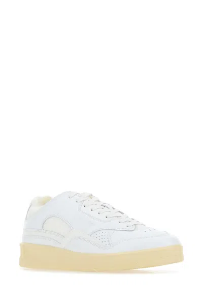 JIL SANDER WHITE LEATHER AND FABRIC BASKET SNEAKERS 