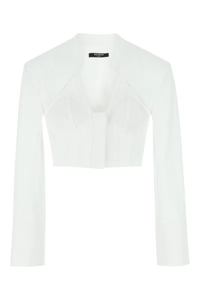 Balmain White Cotton Poplin Cropped Shirt