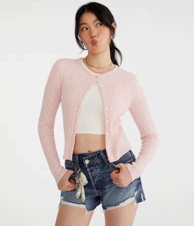 Aéropostale Cable Knit Buttoned Crew Cardigan In Pink