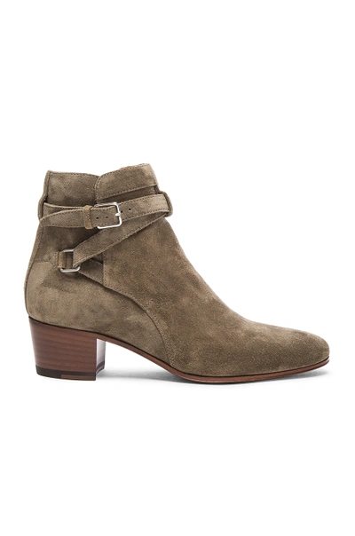 Shop Saint Laurent Suede Blake Buckle Boots In Kaki Washed